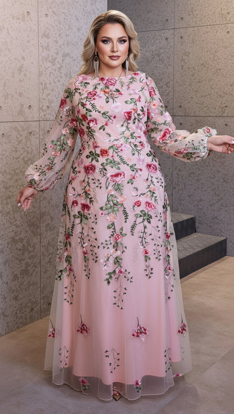 HELIA ENCHANTING FLORAL EMBROIDERED PLUS SIZE MAXI DRESS | ELEGANT LONG SLEEVE GOWN