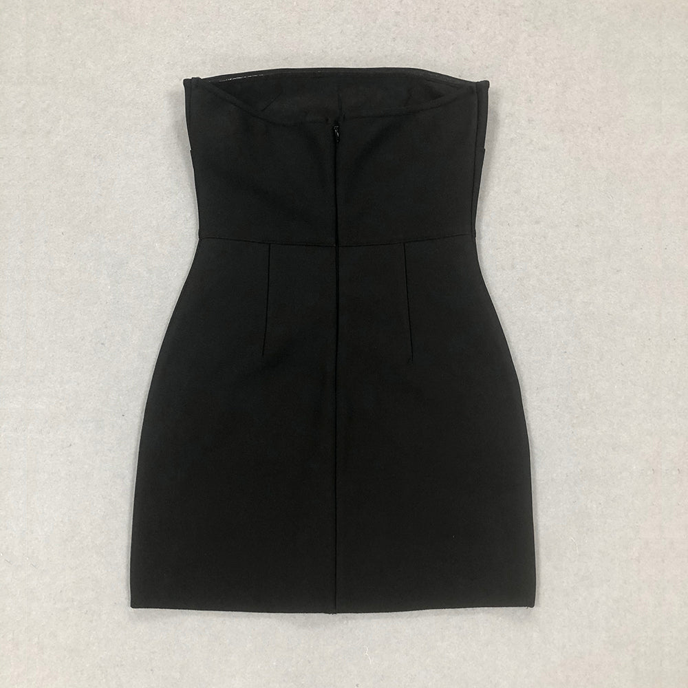 schwarzes trägerloses Minikleid mit mehrfarbigen Kristallen