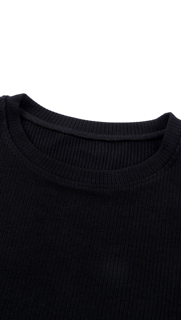 AIIZIE BLACK DOTTY MESH RUFFLE SLEEVE RIBBED KNIT TOP - product image