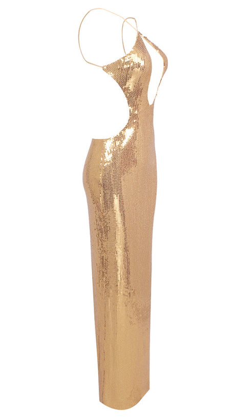 SEQUIN HOLLOW BODYCON MAXI DRESS IN GOLD