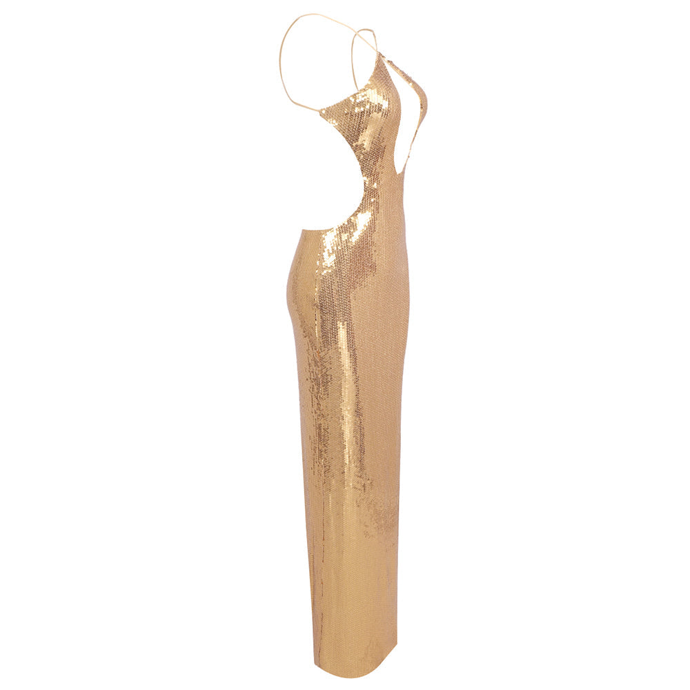 AIIZIE SEQUIN HOLLOW BODYCON MAXI DRESS IN GOLD - product image