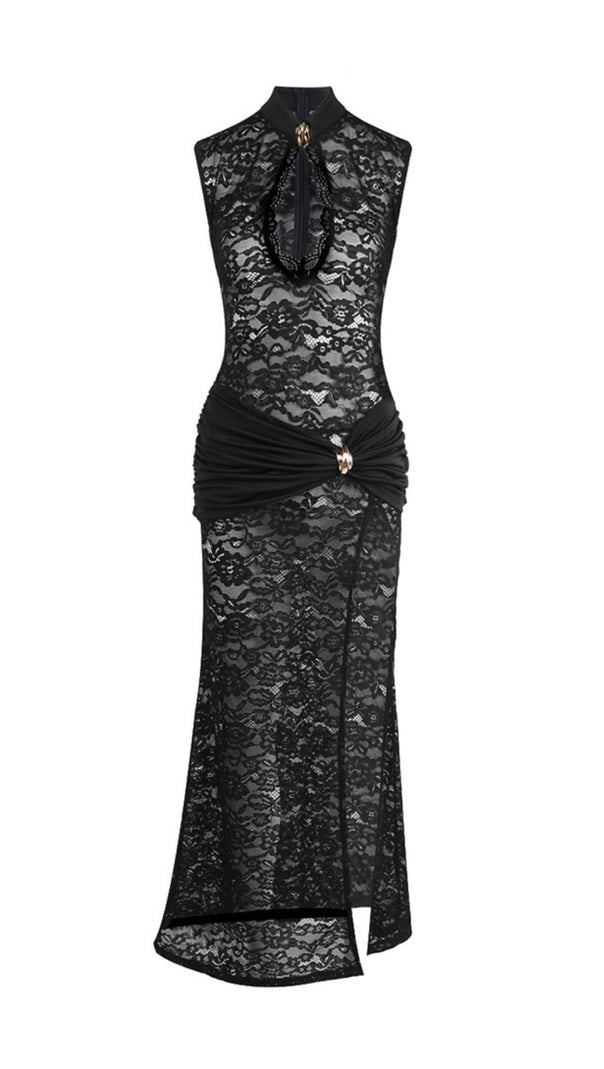 AIIZIE IVANA BLACK LACE MAXI GOWN | SLEEVELESS, HIGH SLIT & KEYHOLE NECKLINE - product image