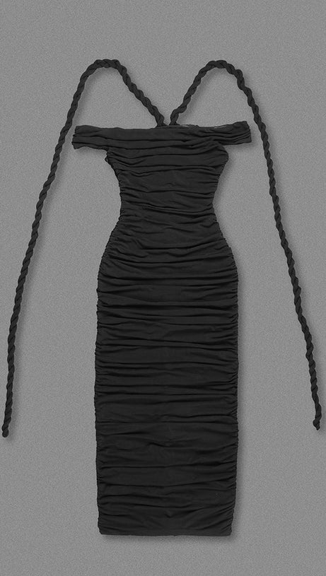 CARA BLACK OFF-SHOULDER RUCHED BODYCON MAXI DRESS WITH ROPE EMBELLISHED