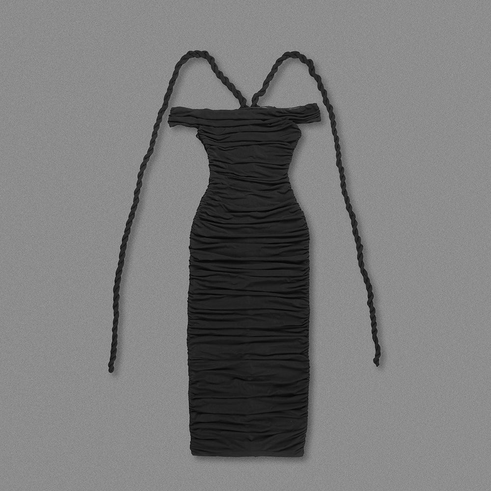 AIIZIE CARA BLACK OFF-SHOULDER RUCHED BODYCON MAXI DRESS WITH ROPE EMBELLISHED - product image