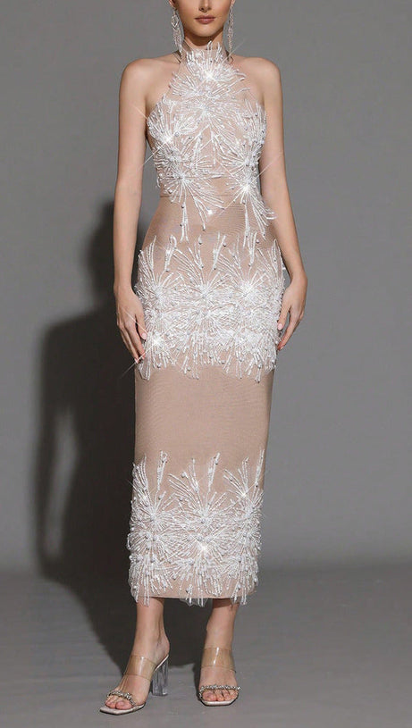 pandora Sleeveless Beaded Tassel Sequin Bandage maxi Dress - Khaki