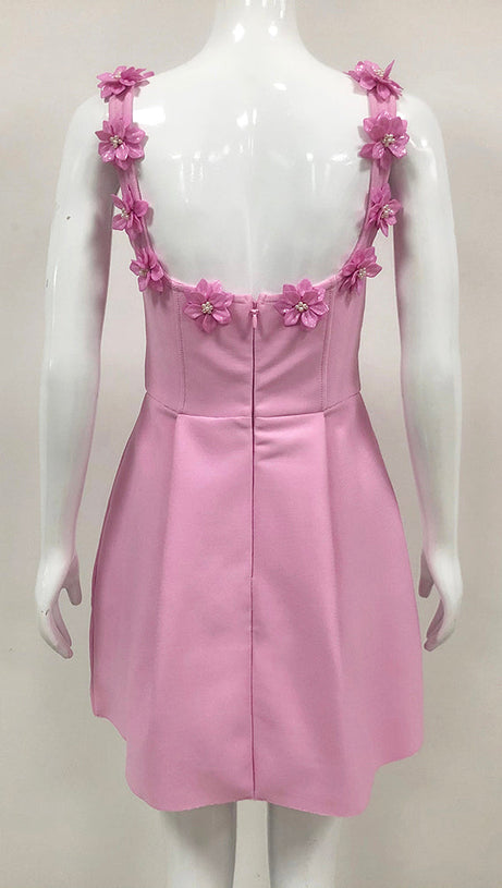 MINI ABITO ROSA CON COLLO A FIORI 3D