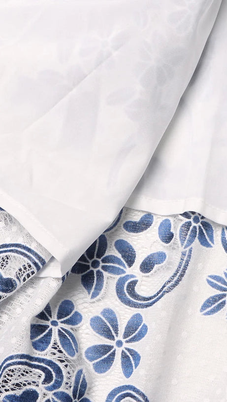 V NECK SPLICED BELTS EMBROIDERY MIDI DRESS IN BLUE