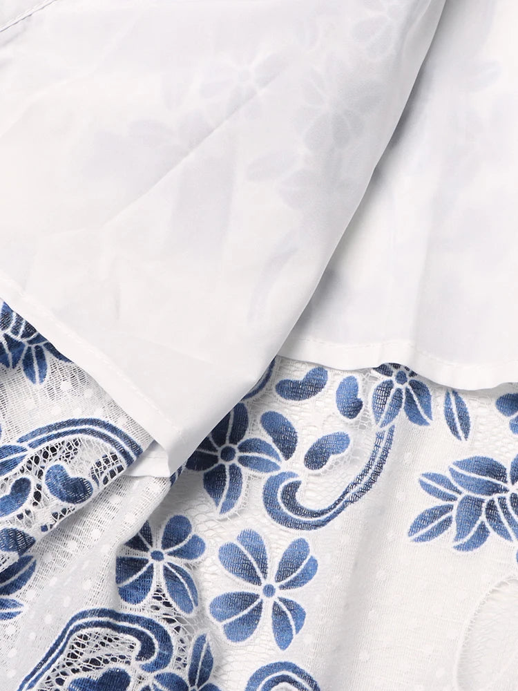 AIIZIE V NECK SPLICED BELTS EMBROIDERY MIDI DRESS IN BLUE - product image