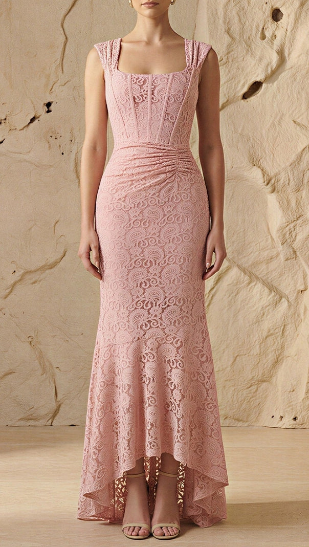 vivien Lace Gathering Maxi Dress - pink