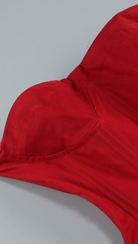 ANGELA RED FLOWER-TRIM EMBELLISHED STRAPLESS MINI DRESS