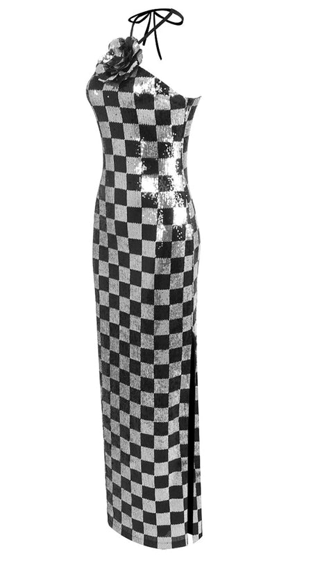 CHECKERBOARD SEQUIN HALTER GOWN WITH FLOWER