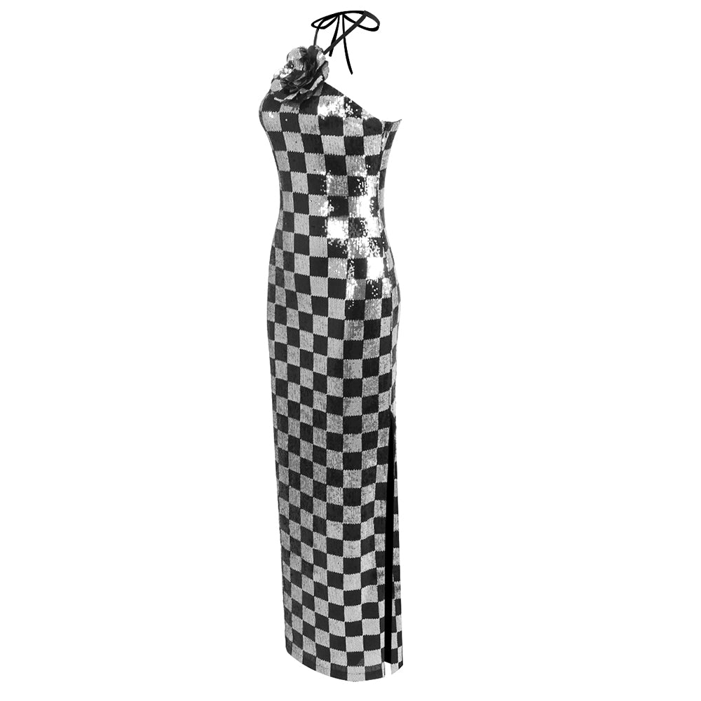 AIIZIE CHECKERBOARD SEQUIN HALTER GOWN WITH FLOWER - product image