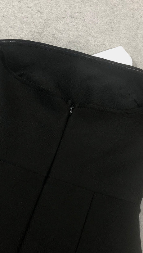 FLOWER EMBELLISHED BLACK STRAPLESS MAXI DRESS