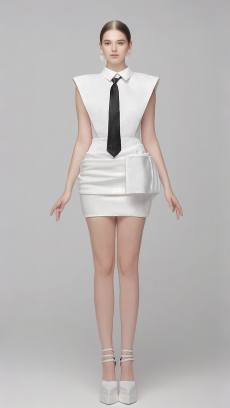 WHITE BOWKNOT MINI DRESS WITH NECKTIE