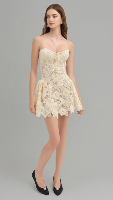 LACE HOLLOW SLEEVELESS MINI DRESS IN YELLOW