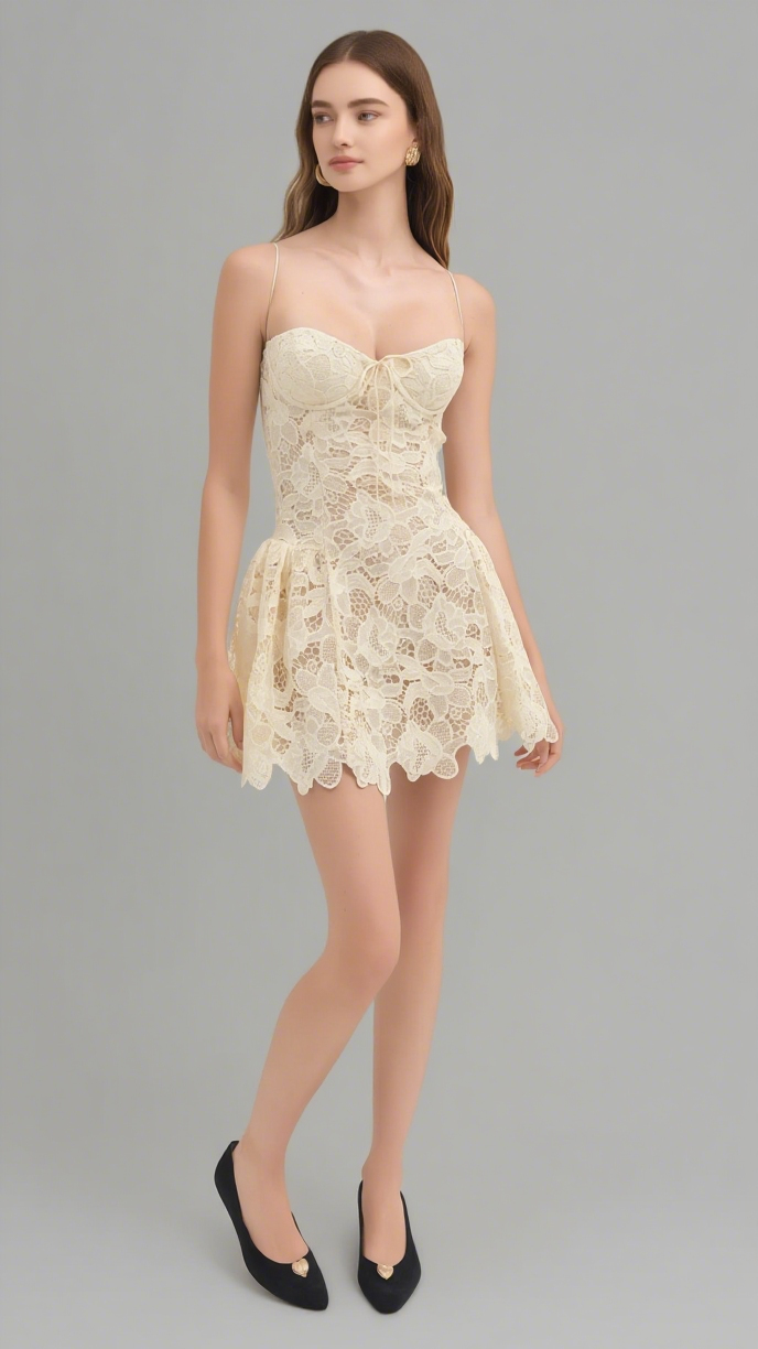 LACE HOLLOW SLEEVELESS MINI DRESS IN YELLOW