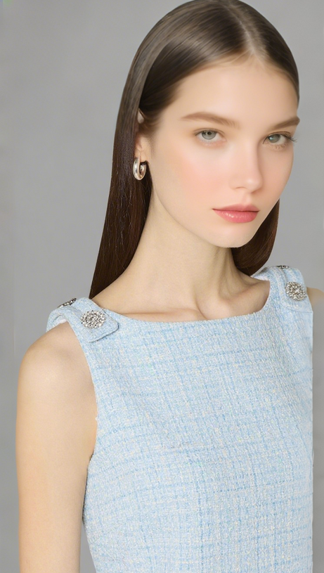 HALTER NECK TWEED VEST MINI DRESS IN BLUE