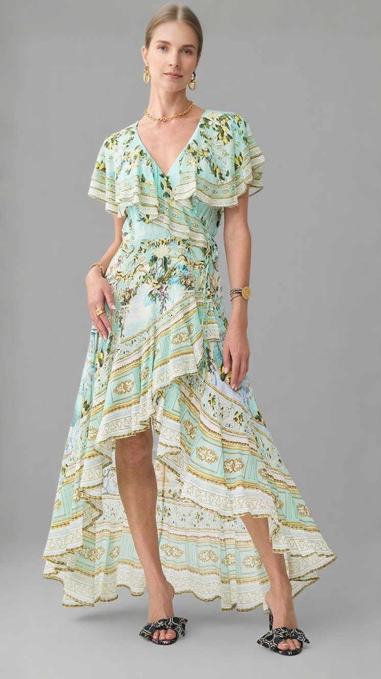 GREEN-MULTI PRINTED RUFFLED V-NECK IRREGULAR HEM SILK MAXI DRESS