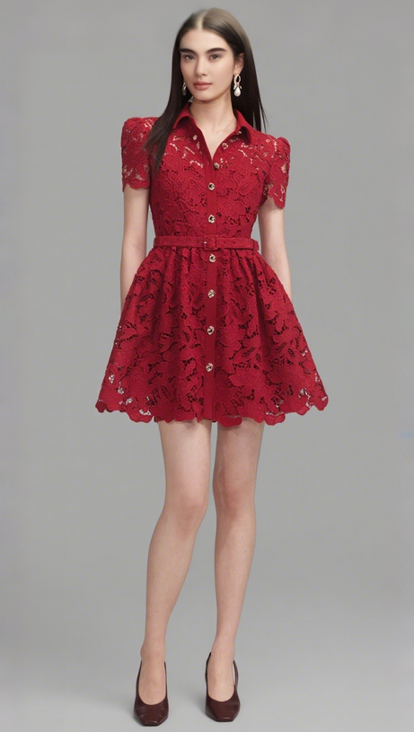 Burgunderrotes Minikleid mit Spitzenkragen