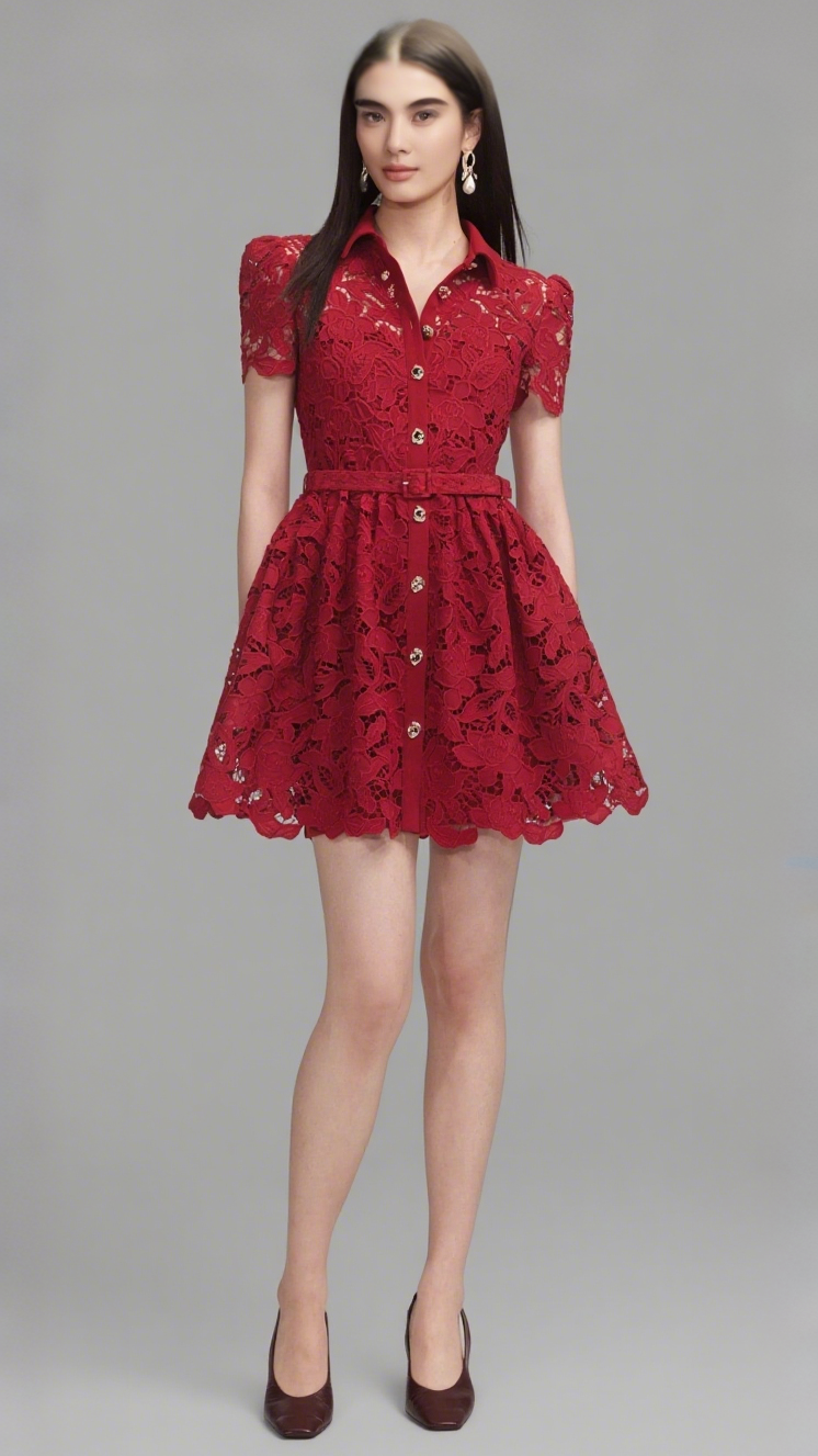 Burgunderrotes Minikleid mit Spitzenkragen