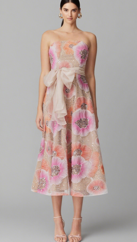 STRAPLESS FLOWER SEQUIN EMBELLISHED MIDI DRESS