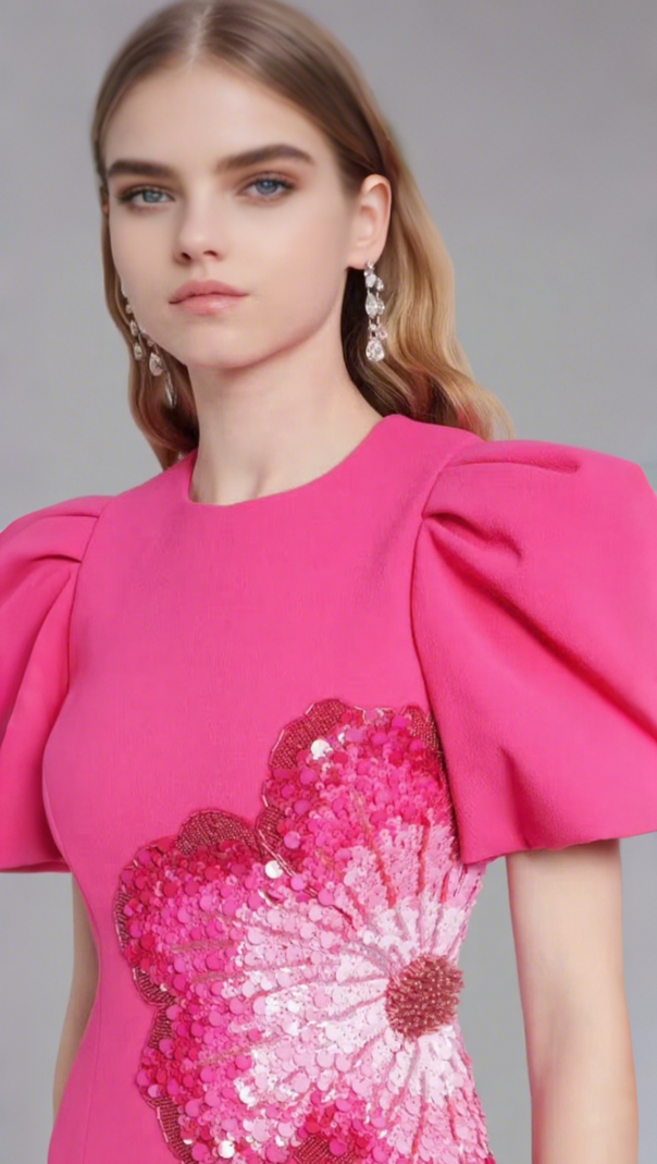 AIIZIE SEQUIN FLOWER EMBELLISHED PUFF SLEEVE MIDI DRESS IN PINK - product image