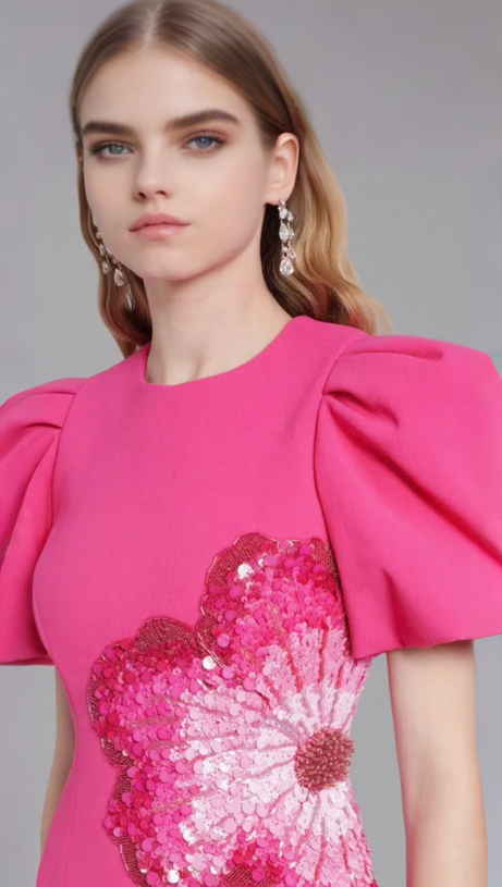 SEQUIN FLOWER EMBELLISHED PUFF SLEEVE MIDI DRESS IN PINK