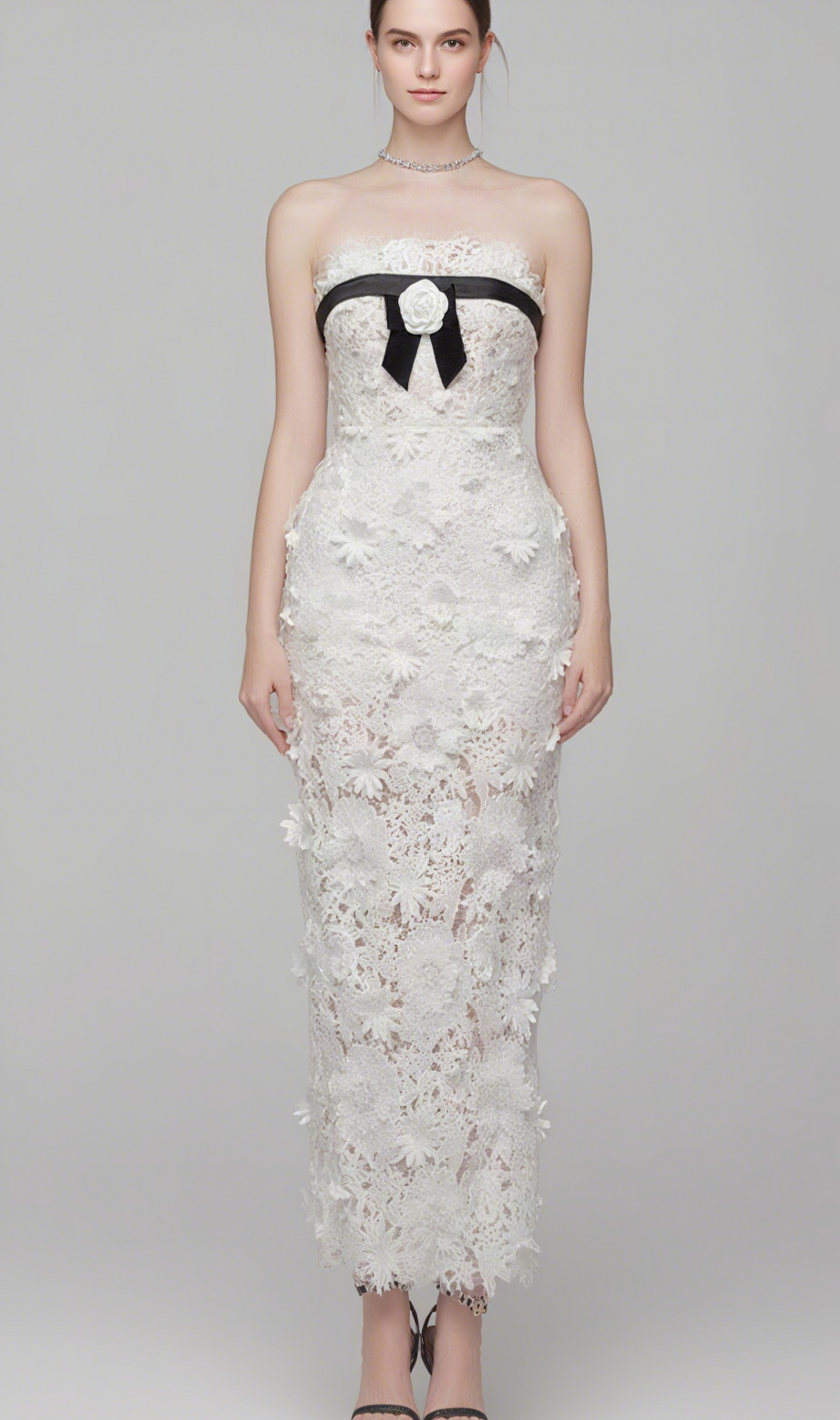 Strapless Flower Embroidery Maxi Dress In White