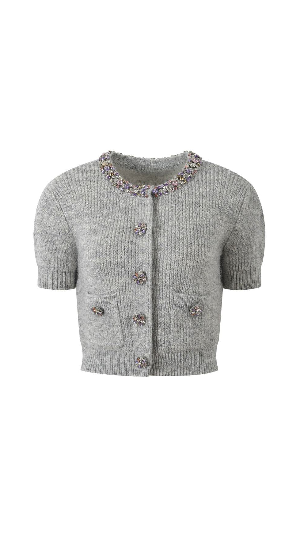 HENRIKE LUXE GREY EMBELLISHED KNIT TOP - SPARKLING SHORT SLEEVE STYLE