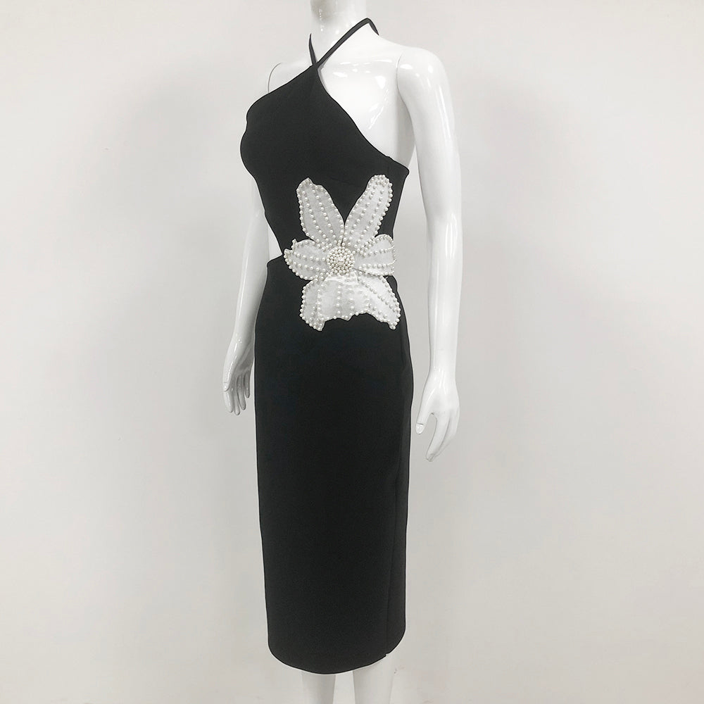 AIIZIE ATHENA FLORAL APPLIQUÉ CUTOUT HALTER MIDI DRESS IN BLACK - product image