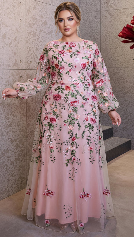 HELIA ENCHANTING FLORAL EMBROIDERED PLUS SIZE MAXI DRESS | ELEGANT LONG SLEEVE GOWN