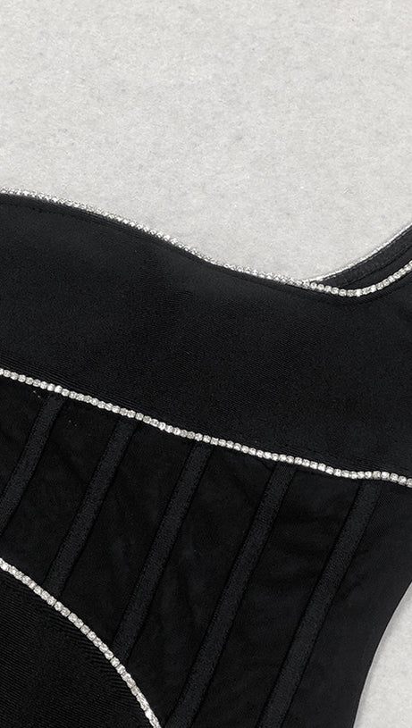 TRACY CRYSTAL STRIPE EMBELLISHED ONE-SHOULDER BLACK MAXI DRESS