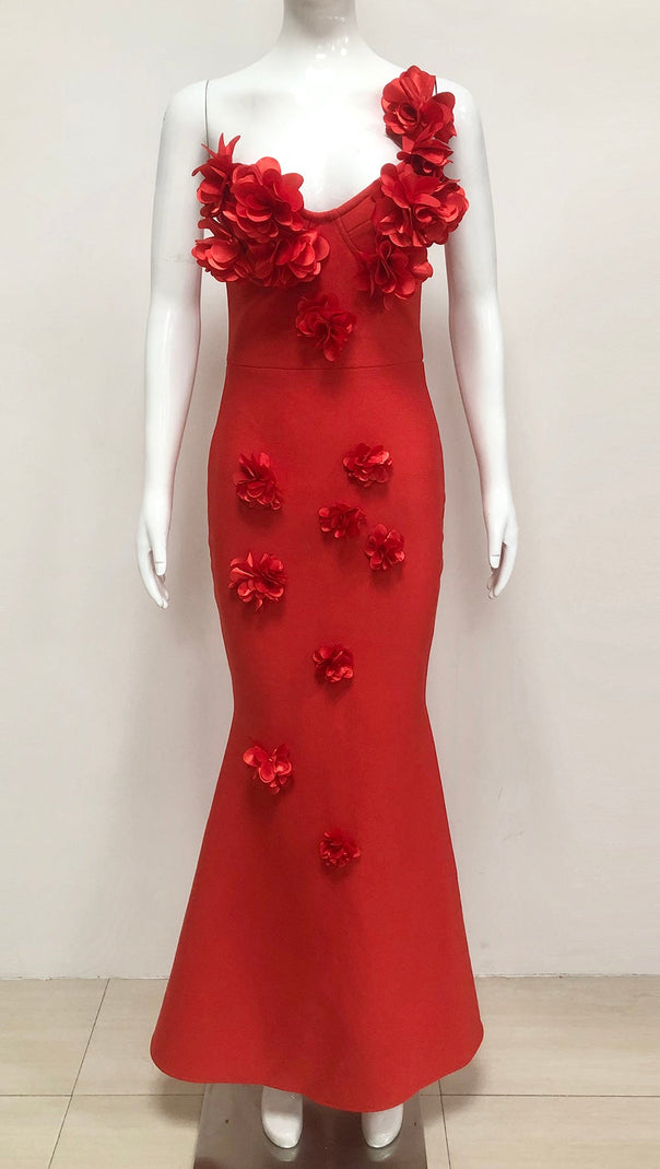 AIIZIE CANDICE ONE-SHOULDER FLOWER BODYCON MAXI DRESS IN RED - product image