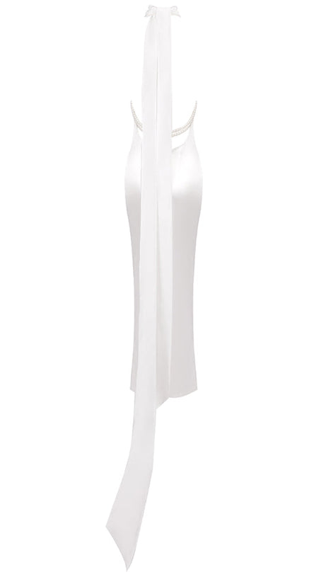 MIGNON SATIN BELT BACKLESS PEARL EMBELLISHED MAXI DRESS IN WHITE