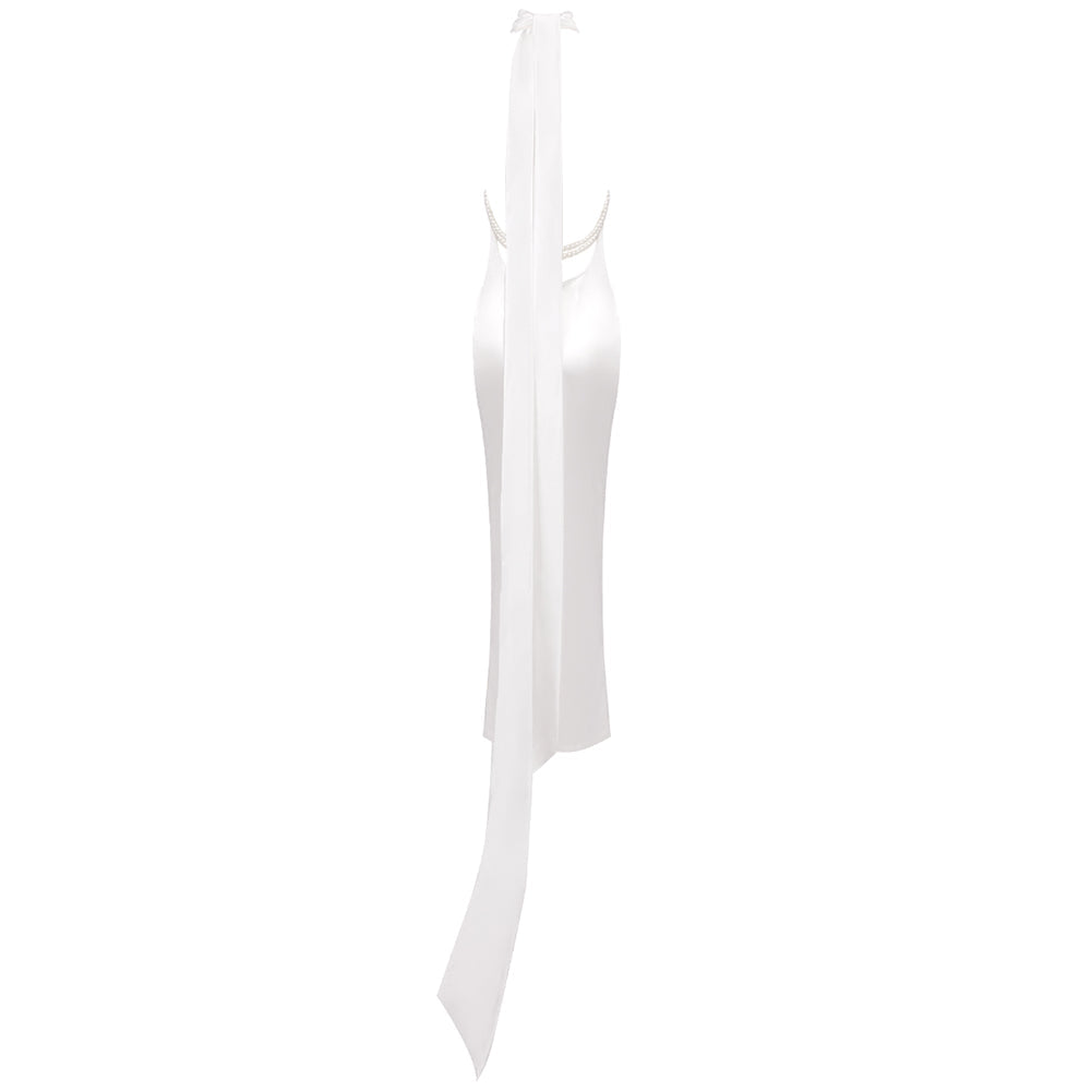 AIIZIE MIGNON SATIN BELT BACKLESS PEARL EMBELLISHED MAXI DRESS IN WHITE - product image
