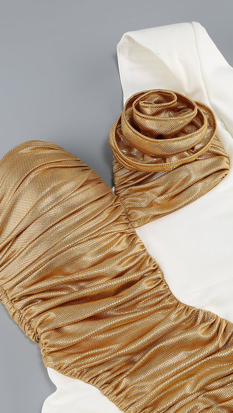 ROSE DETAILS HIGH SUT MAXI DRESS IN GOLD WHITE