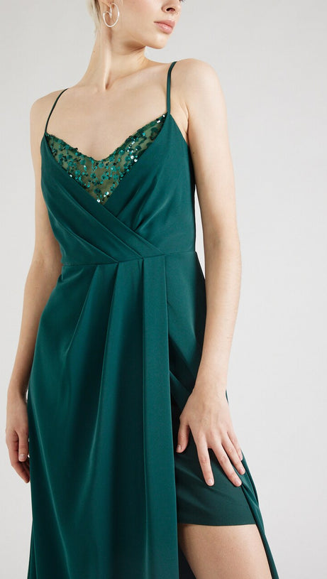 CRYSTAL EMBELLISHED PLEATED MAXI DRESS IN GREEN
