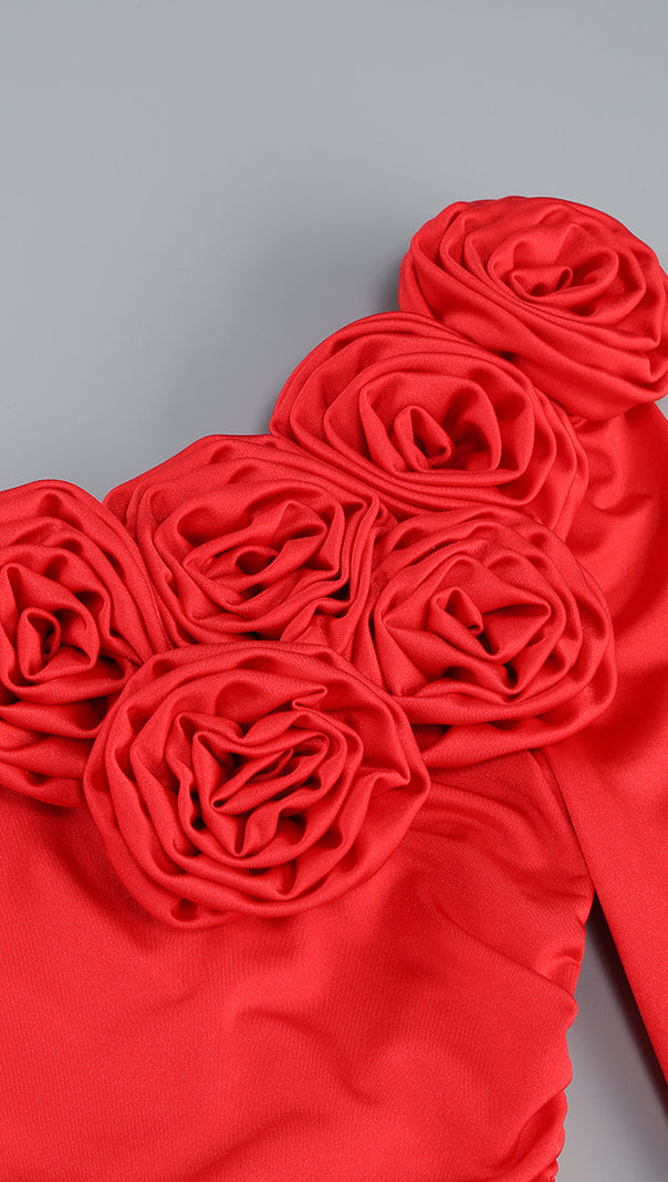 AIIZIE OFF-SHOULDER FLOWER EMBELLISHED GATHERED MAXI DRESS IN RED - product image