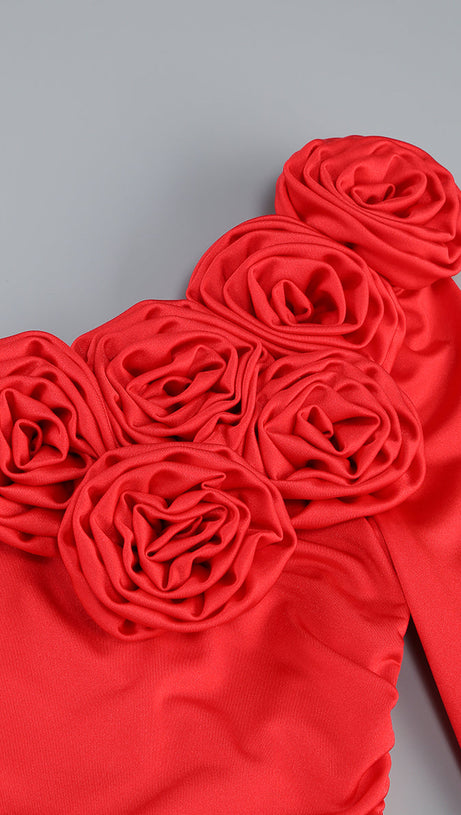 OFF-SHOULDER FLOWER EMBELLISHED GATHERED MAXI DRESS IN RED