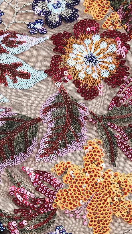 RUFFLE FLORAL SEQUIN EMBROIDERED MINI DRESS