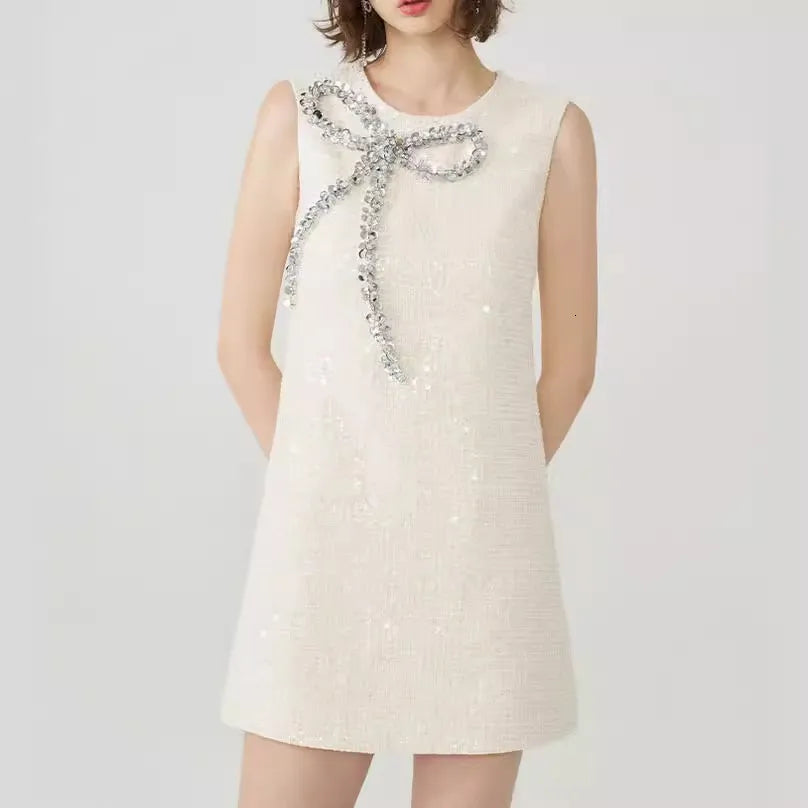 BOW SEQUIN TWEED SLEEVELESS MINI DRESS IN WHITE