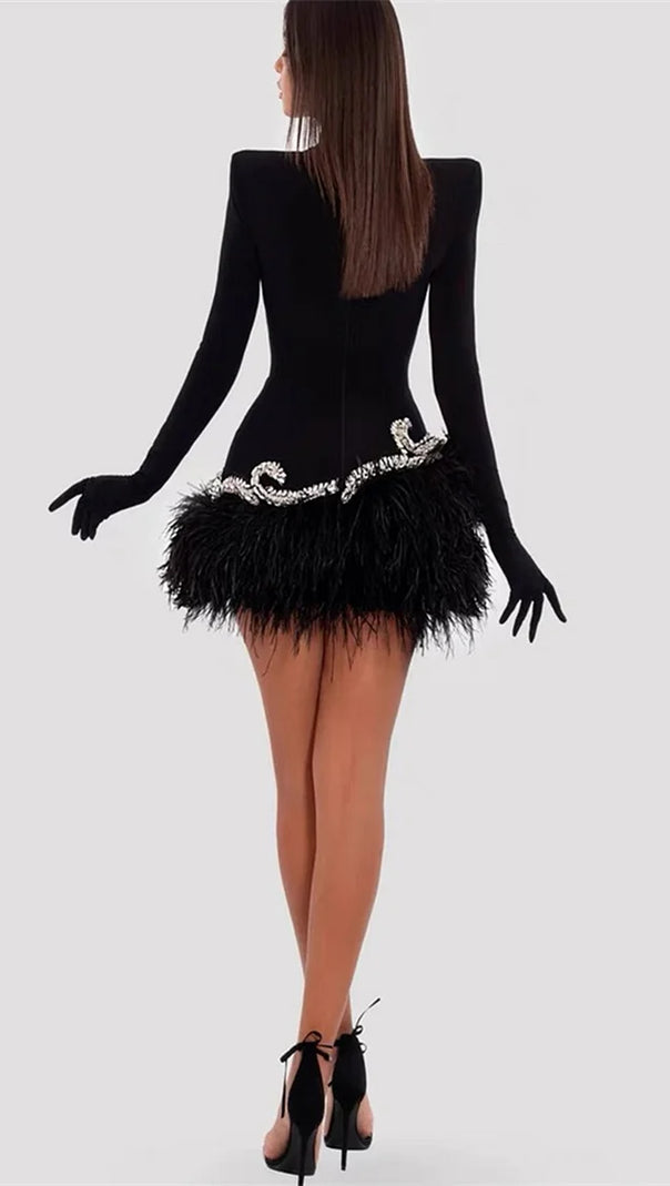 AIIZIE EMBELLISHED VELVET FEATHER MINI DRESS IN BLACK - product image