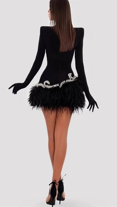 MINI ABITO IN VELLUTO CON PIUME DECORATO IN NERO