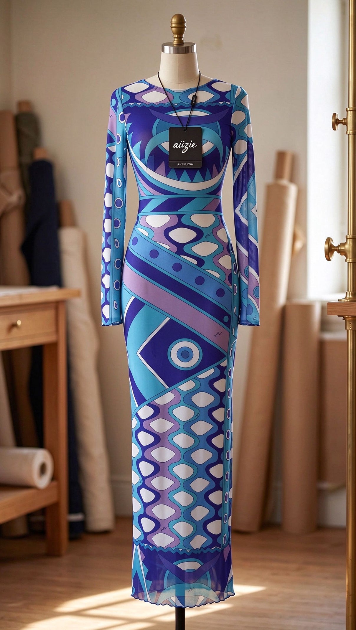 Blue Purple Geometric Abstract Column Maxi Dress in Stretch Mesh