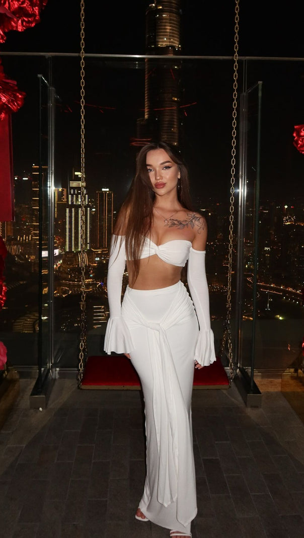 AIIZIE HESSA WHITE RESORT CHIC TWO-PIECE SET | STRAPLESS TOP, TIE-WAIST PANTS & STATEMENT SLEEVES - product image