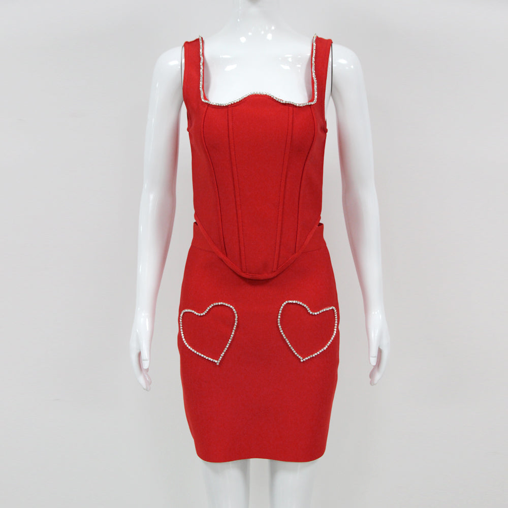 AIIZIE CRYSTAL HEART CORSET TWO PIECE DRESS IN RED - product image