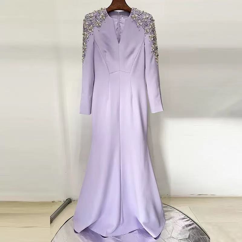 Lavender Beaded Mermaid Gown with Crystal Shoulder Accents