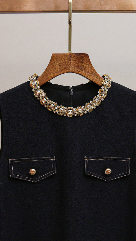 HATSU DARK BLUE EMBELLISHED MINI DRESS WITH DIAMANTE COLLAR & BELT