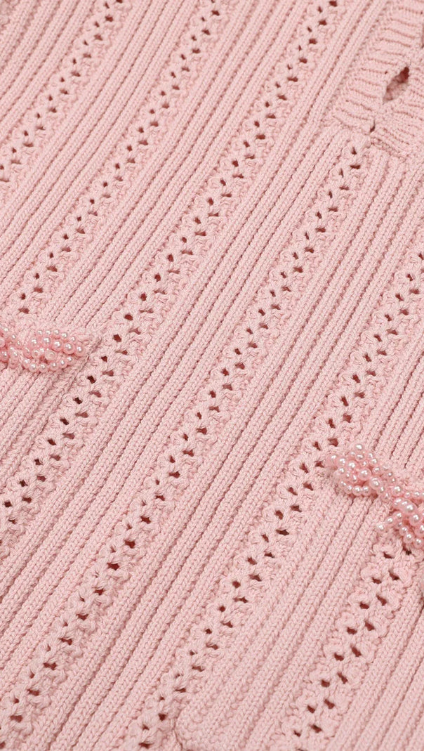 AIIZIE Elegant Pink Beaded Knit Mini Dress | Long Sleeve & Flattering Fit - product image