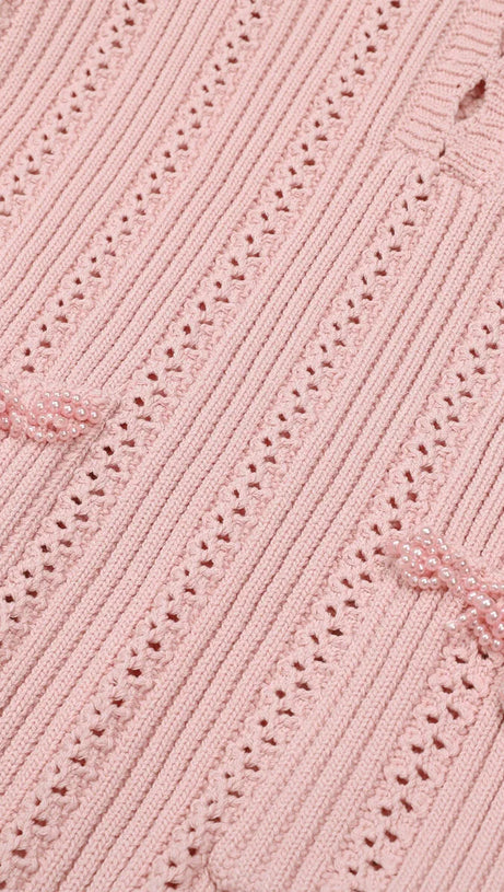 Elegant Pink Beaded Knit Mini Dress | Long Sleeve & Flattering Fit